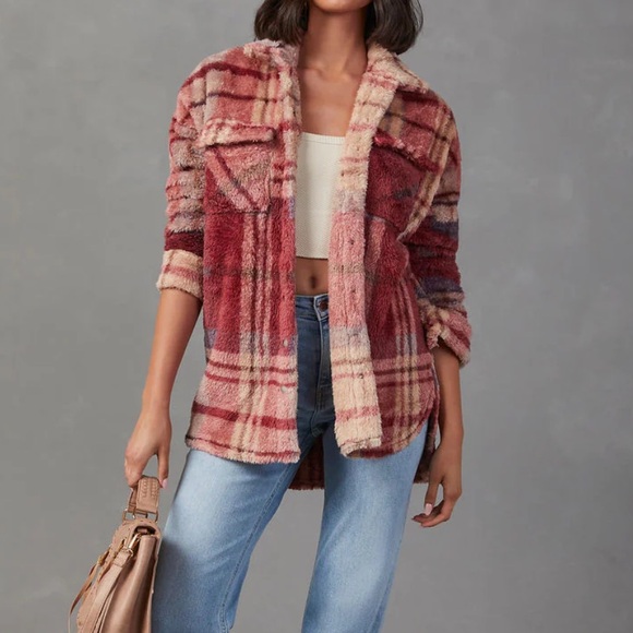 ViCI Plaid Shacket Teddy Soft Fall Jacket in Rose Pink Cream - Picture 7 of 11